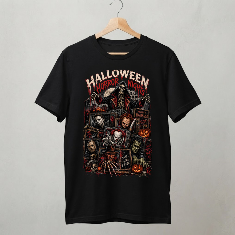 Halloween Horror Nights Movie Characters Skeleton Vintage Black T-Shirt